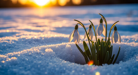 Snowdrop flowers blooming in snow during sunrise in winter  