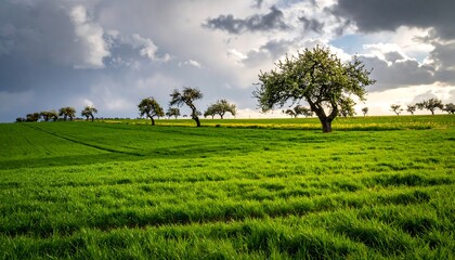 Vibrant Green Field Under Dramatic Stormy Sky with Silhouetted Trees.