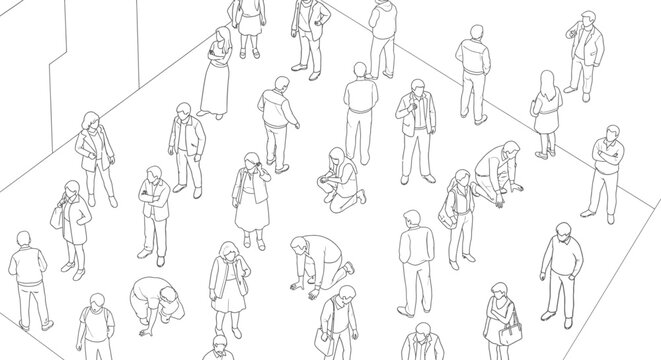 isometric line art of diverse urban people interacting and moving in a public space illustrating daily life community and human dynamics.