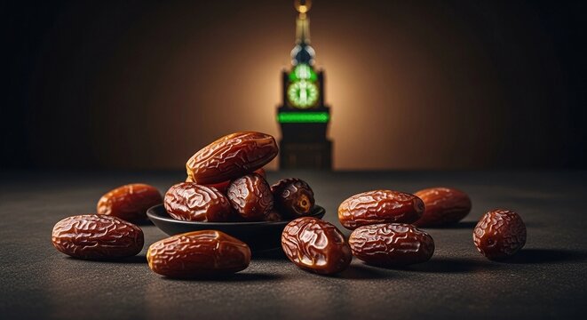Traditional Dates for Ramadan Iftar with zam zam Clock tower Background