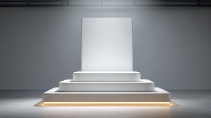 Fototapeta premium Minimalist Exhibition Space Featuring Clean Display Pedestal with Soft Lighting and Smooth Background in Modern Gallery Setting