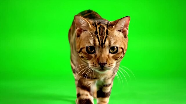A stunningly beautiful Bengal cat with striking markings walks forward on a vibrant green screen background, captured in high definition