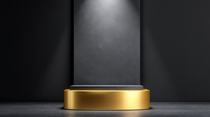 Elegant pedestal display with polished gold border and spotlight, perfect for showcasing products in a modern, minimalistic setting