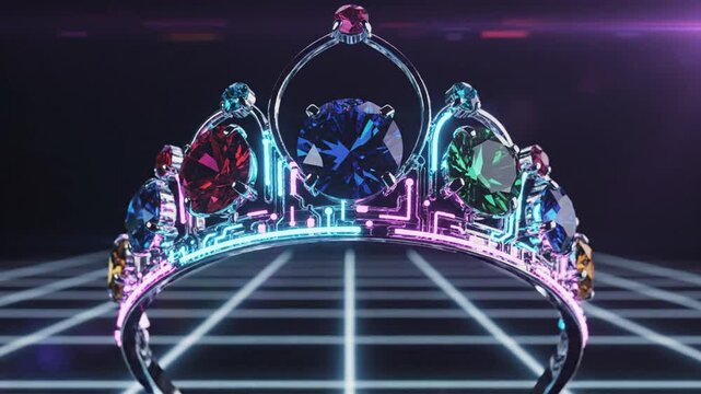 A regal tiara with neon accents, containing multicolored gems in a futuristic setting