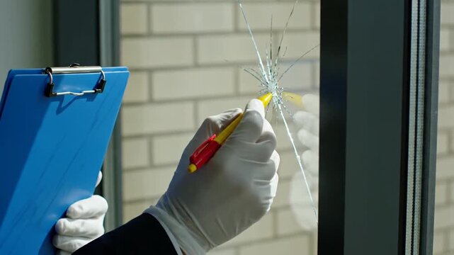 Forensic investigator cracks glass.