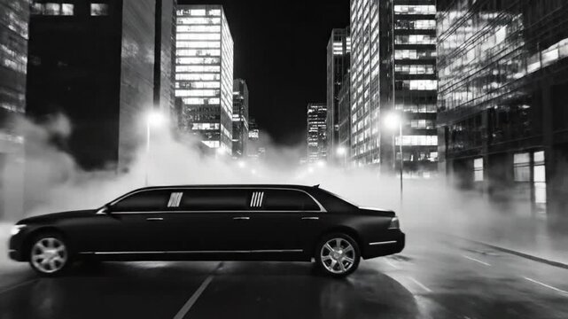 A black limousine drives through a foggy city street at night, surrounded by tall buildings and streetlights, in a cinematic scene.