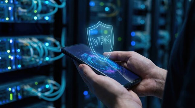 vpn privacy safety smartphone secure browsing concept. Secure mobile device with VPN shield in a data center environment.