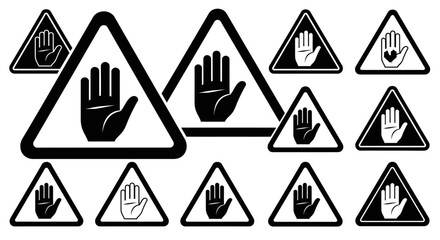 Multiple Stop Hand Warning Signs and Symbols in Triangle Shape on Isolated White Background
