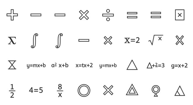 Outline collection of mathematical and algebraic symbols and equations on isolated white background