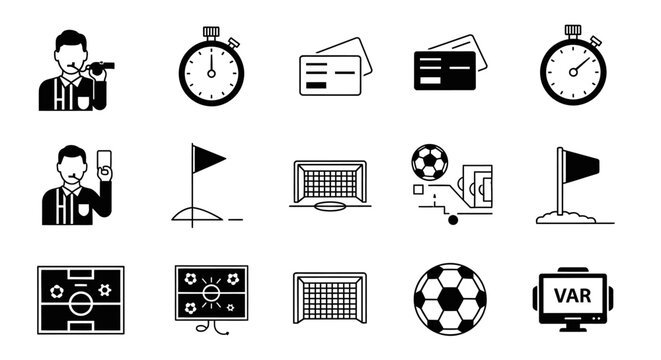 Collection of football and soccer sports icons including referee, VAR, and game elements on an isolated white background.