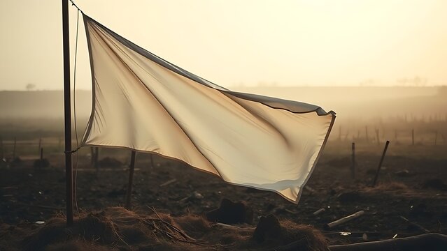 sonnet. A white flag lowered on a historic battlefield at dawn, muted colors and soft light. event programs, museum guides, designed for cultural heritage projects and event programs.