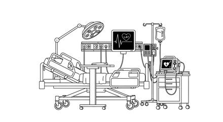 Operating Room with Hospital Bed and Critical Medical Equipment for Surgery on Isolated White Background