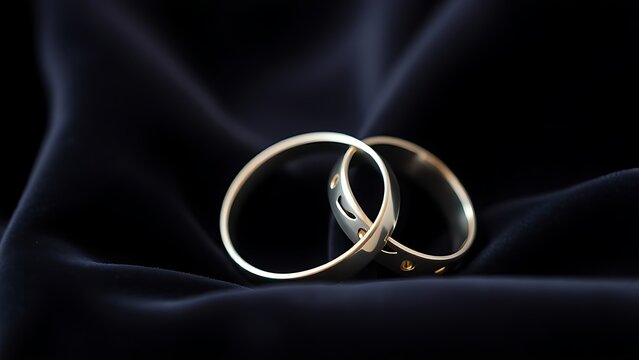 electroluminescence. Two silver wedding bands overlapping on dark velvet fabric. lifestyle magazines, social media lookbooks, designed for lifestyle magazines and social media content.