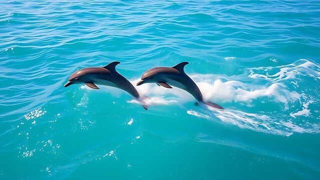 unanimity. Three dolphins leaping together in clear blue ocean water under sunlight. wildlife magazines, conservation campaigns, designed for eco-tourism storytelling, supports conservation.