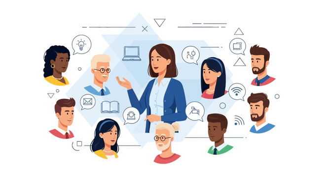 Diverse team in virtual collaboration or online meeting with central presenter concept