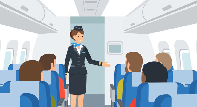 Friendly flight attendant welcomes passengers aboard the plane with a warm gesture travel experience