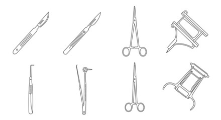 Naklejka premium Collection of precise surgical and dental instruments line art, isolated white background