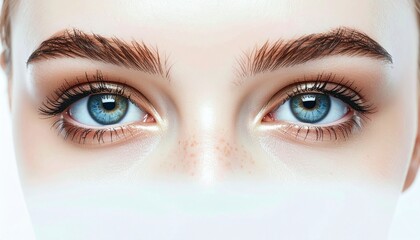 Obraz premium Close-up of realistic human eyes reflecting a calm abstract horizon in a studio portrait
