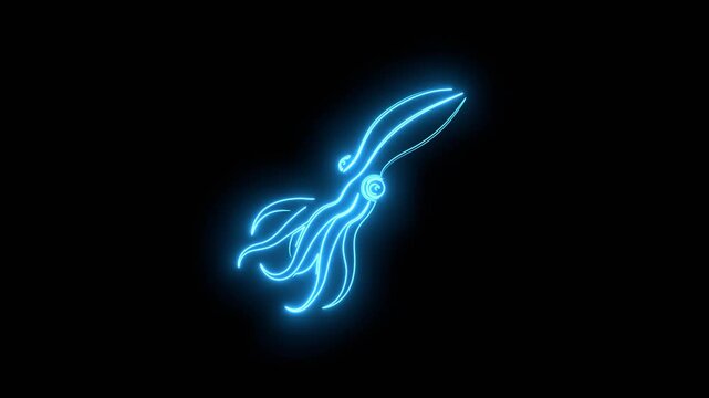 Squid with tentacles. Sea and ocean animal. Cute giant kraken monster, cartoon creepy underwater cuttlefish. Thin lines style emblem for the menu of the seafood restaurant. Neon glowing.