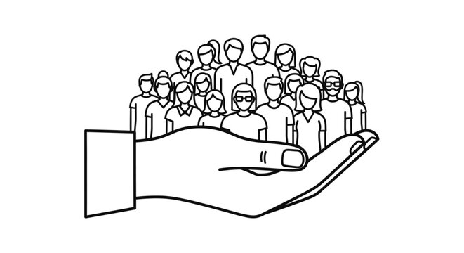 Human hand supporting a diverse group of people, community care concept, isolated white background.