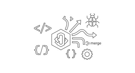 Software development and coding process with merge and bug fixing concept line icons on isolated white background