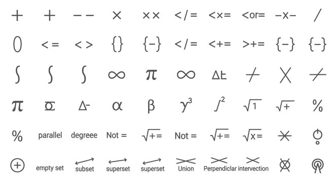 Extensive set of mathematical, logical and scientific symbols line icons on isolated white background