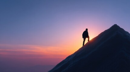 Fototapeta premium Person Climbing Mountain at Sunset, Silhouette Against Vibrant Sky, Adventure and Exploration Concept, Nature Beauty, Freedom and Achievement