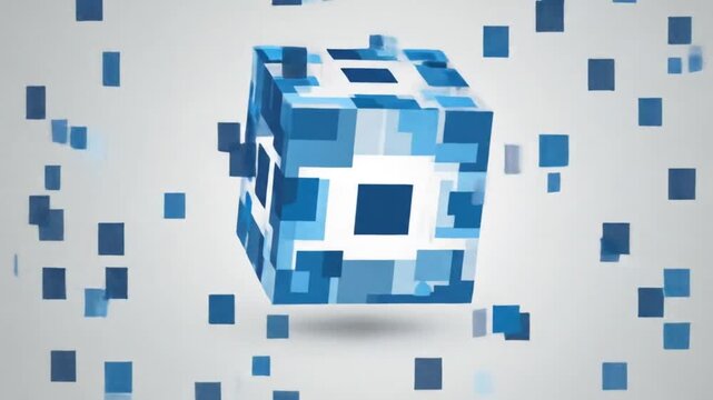 Abstract three-dimensional cube composed of smaller, overlapping, translucent blue squares, floating against a light gray background. A subtle shadow is cast beneath the form