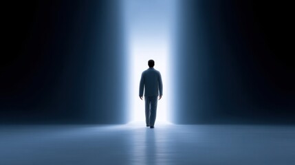 Obraz premium Man Walking Towards Bright Exit in Dark Space, Symbolizing Hope, Opportunity, and New Beginnings, Enlightenment and Personal Growth in Journey of Life