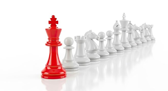 A red chess king stands out from a row of white chess pieces on a white background.