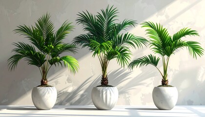 Three potted palm plants bathed in sunlight cast shadows on a textured, off-white wall and floor