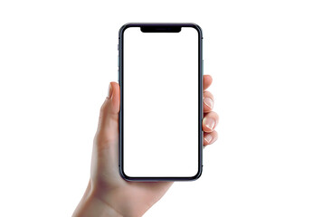 Hand holding smartphone with blank screen isolated on transparent background for mobile app design and user interface mockup transparent background