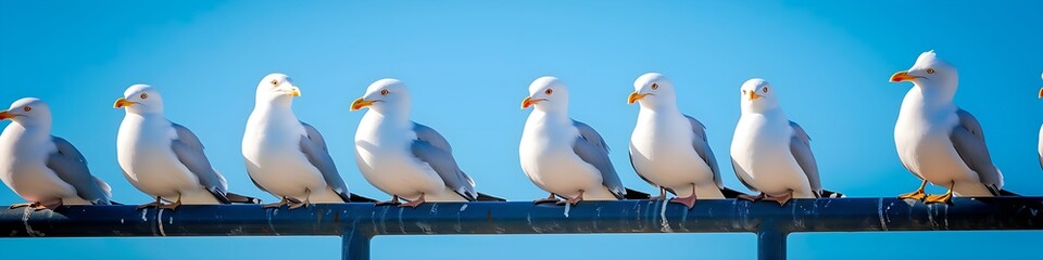 Fototapeta premium Row of Seagulls Perched on Railing Against Blue Sky Background Coastal Bird Photography for Travel and Wildlife Illustrations and Nautical Designs Summer Scene