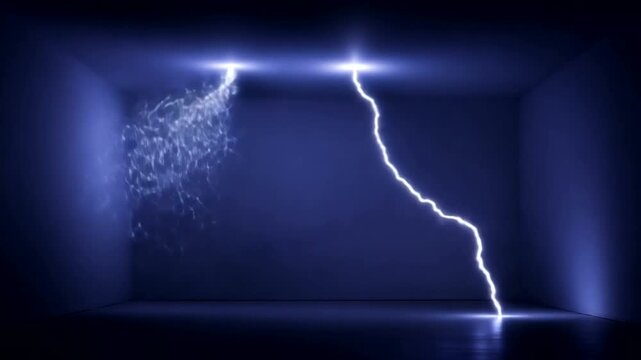 Powerful lightning strike illuminating a dark room with blue light.