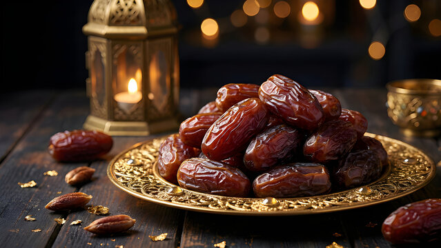 Premium Medjool Dates on Golden Plate with Lantern Background, Luxurious Ramadan Iftar Food Concept Photography.