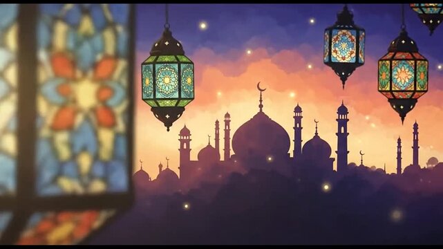 Ornate Islamic lanterns with mosque silhouettes at dusk