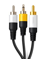 Three RCA cables with gold, yellow, and silver connectors branching from a black cable, isolated against a white backdrop