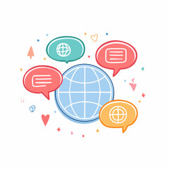 Educational globe with speech bubbles containing letters and cute cartoon unicorn, representing learning and communication