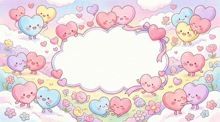 Cute Valentine Greeting Card with Smiling Heart Characters in Pastel Colors