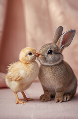 縦型で使いやすいほのぼの素材、背伸びするひよこがうさぎにやさしく口づけする明るい友情シーン.生成AI