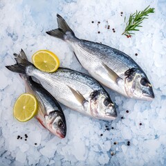 Three raw, whole fish laid on crushed ice with lemon slices and rosemary sprig. Top-down view