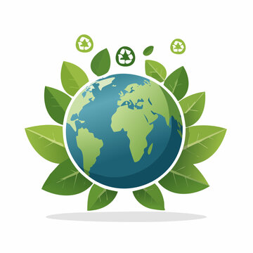 Global environmental protection concept with Earth, green leaves, and recycling symbols. Promoting sustainability and a greener future for our planet