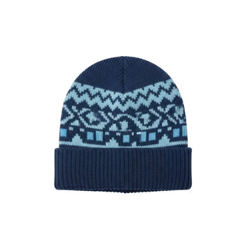 Navy blue knitted beanie with light blue pattern
