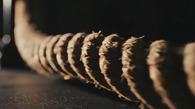 Closeup of a rope with twisted fibers.