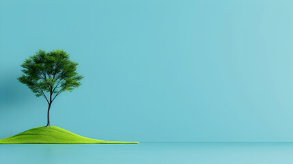 Obraz premium Serene landscape with single tree on small green hill by calm water