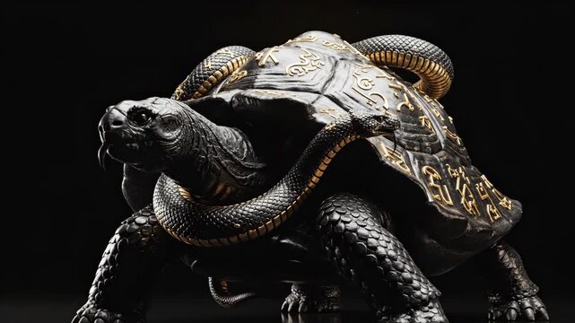A black tortoise with gold inlaid symbols and a black snake with gold trim wrapped around its shell on a dark background
