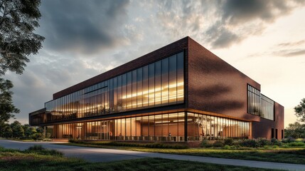 Fototapeta premium Modern glass building with sleek architecture and lush surroundings at dusk from a low angle