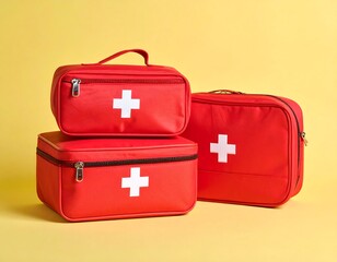 Three red first-aid kit bags with white crosses stacked on a yellow background in portrait orientation