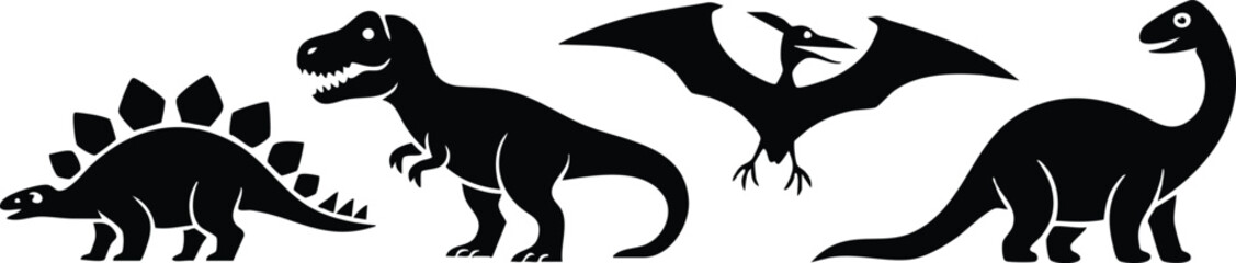 Collection of Prehistoric Dinosaur Silhouettes, Monochrome Assorted Dinosaur Species Graphic, vector, illustration, silhouette. © naeem