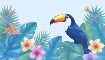 Obraz premium Vibrant toucan perched on a tropical rainforest branch. Exotic wildlife, bird, and jungle nature background.